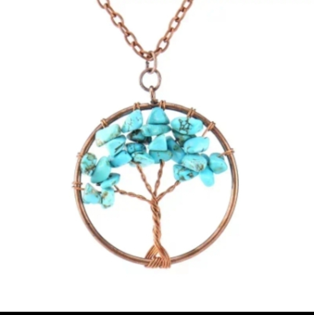 Antique red copper crushed turquoise stone Tree of life pendants and chain